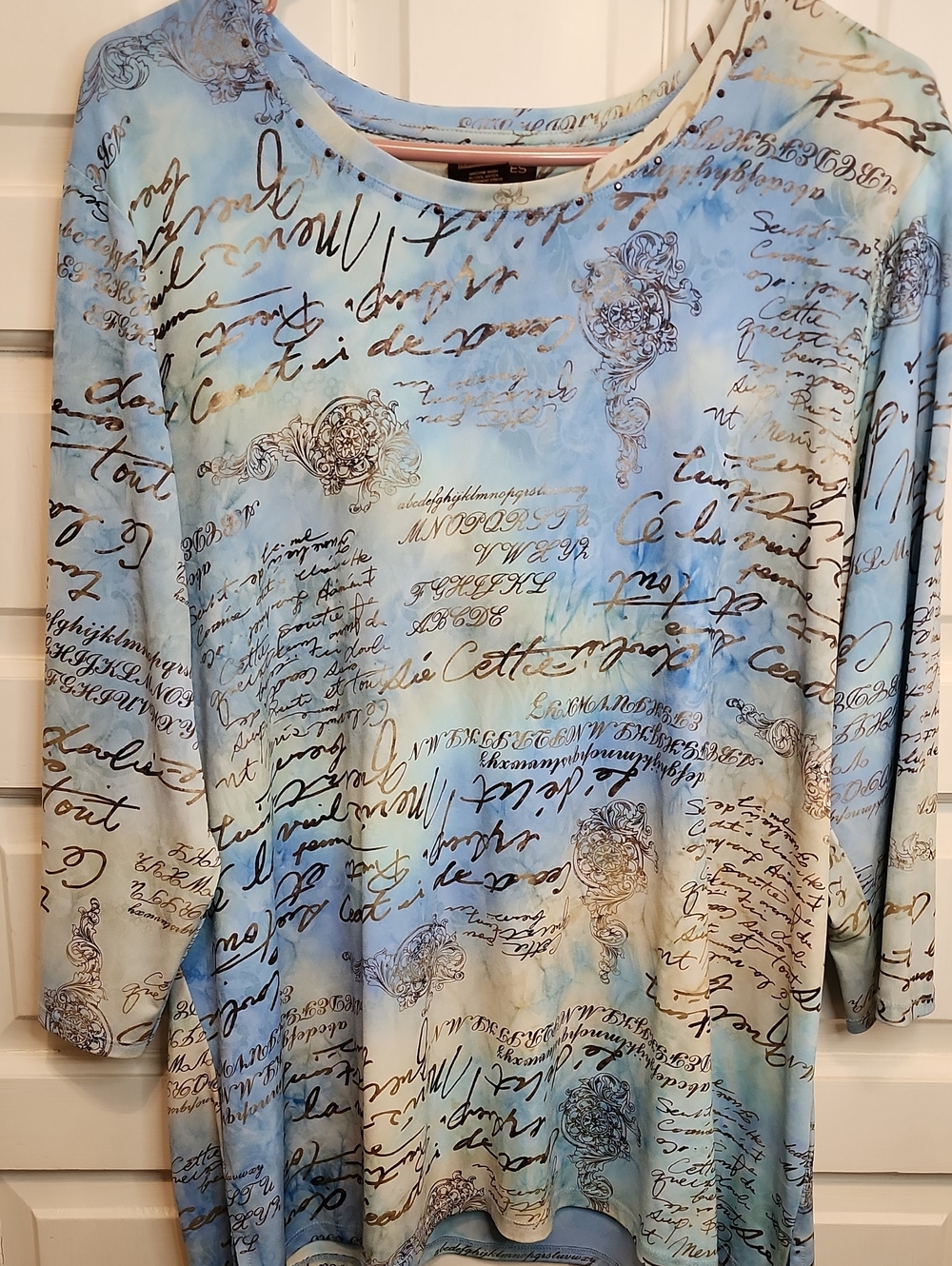 MULTIPLES Script Print Light Blue Tunic Top, Abc's French Words 3/4 Sleeves